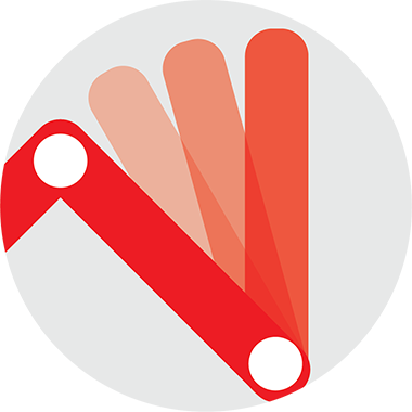 A stylized illustration of a red Swiss Army knife opening, shown with three overlapping blades in varying shades of red on a light gray circular background.