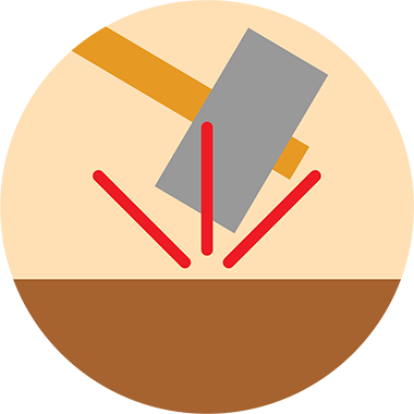 A gray hammer with a yellow handle strikes a brown surface, with red lines radiating outwards to indicate impact or force. The image is set against a beige circular background.