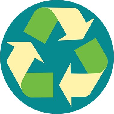 A green and yellow recycling symbol with three arrows forming a triangle on a teal circular background.