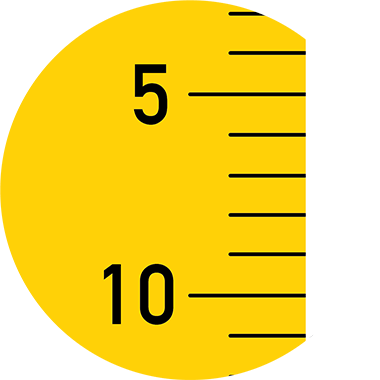 A close-up of a yellow measuring tape or ruler, showing black markings and numbers 5 and 10, with a white section on the right where part of the circle is missing.
