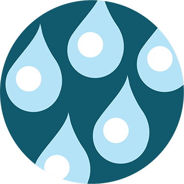 A circular icon features six light blue water droplets with white circles inside, arranged on a dark blue background.