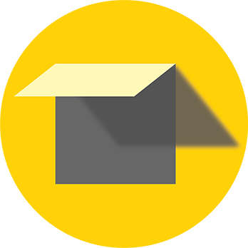 A gray open box with a pale yellow lid casts a long shadow on a bright yellow circular background.
