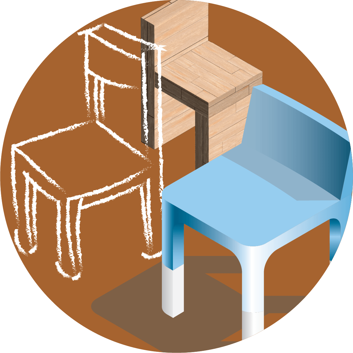 A circular illustration showing three chairs: a white chalk sketch, a wooden chair, and a modern blue and white chair, representing the evolution of chair design on a brown background.