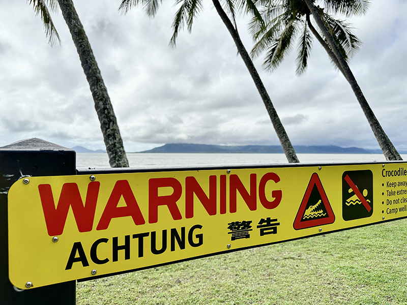 Yellow warning sign with WARNING ACHTUNG and symbols for crocodiles and dangerous swimming at a beach, palm trees, and ocean in the background; cloudy sky overhead.