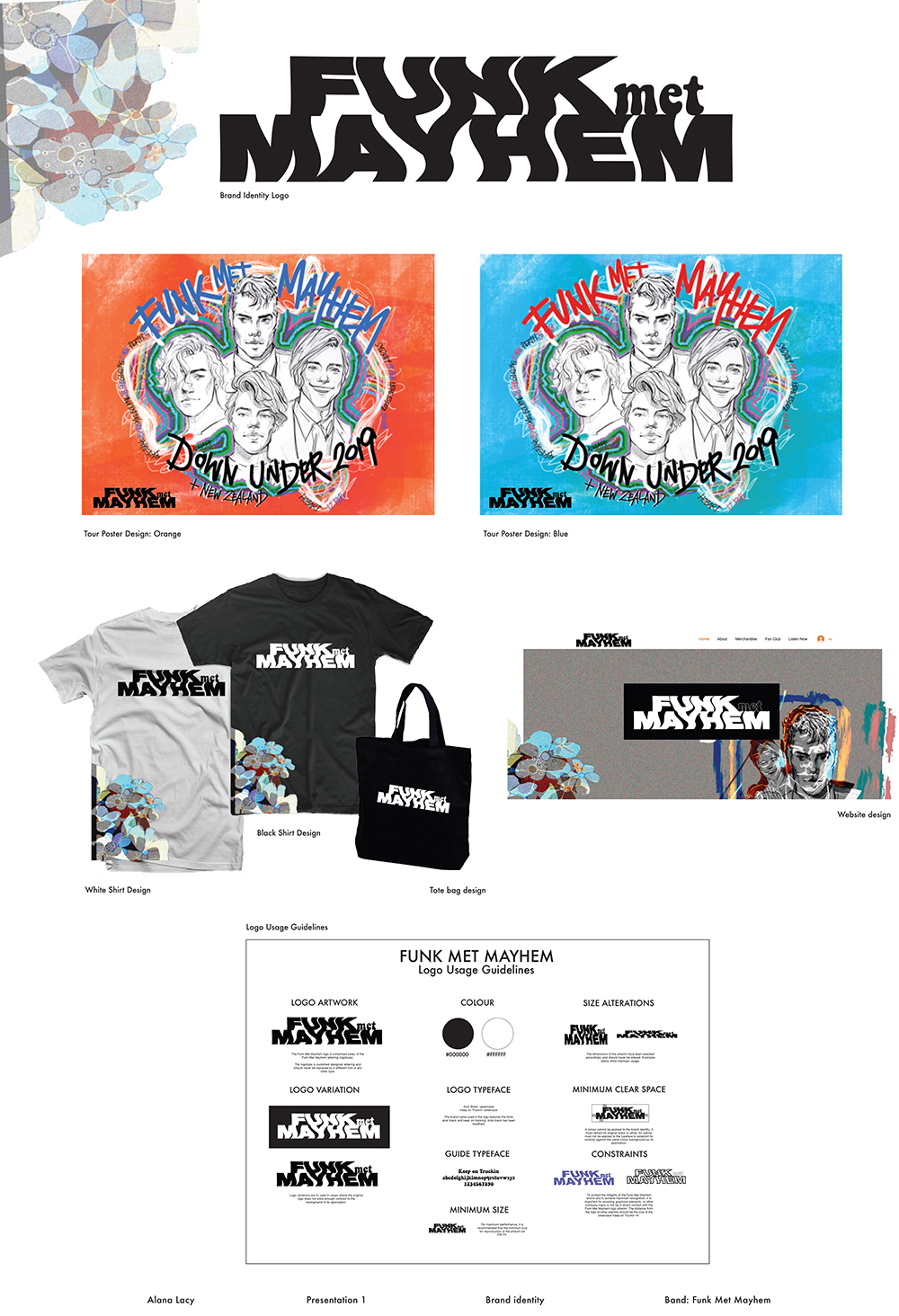 Branding presentation for Funk Met Mayhem featuring colorful illustrated posters, branded T-shirts, tote bag, website mockup, and logo usage guidelines on a white background.