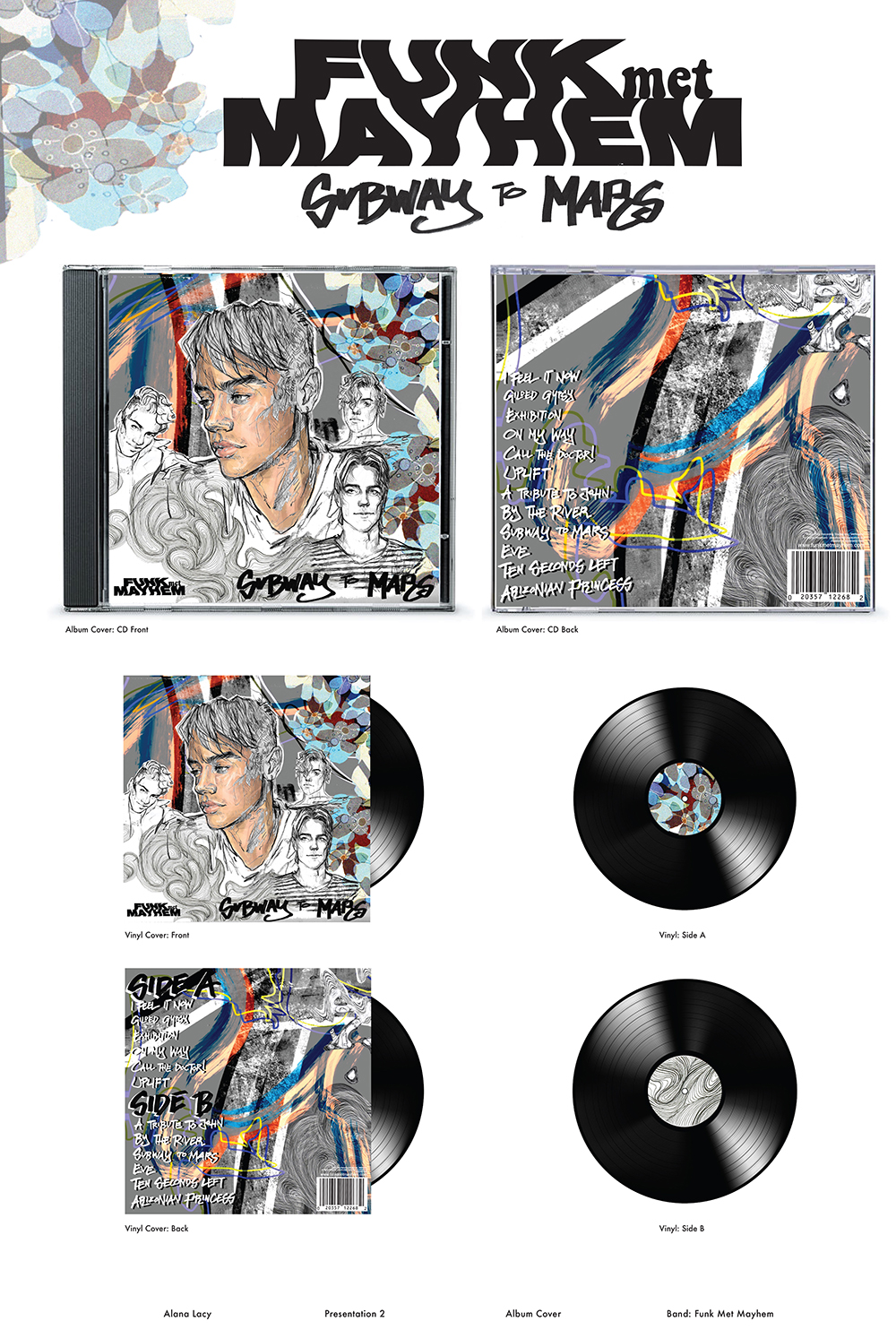 Album and vinyl cover designs for “Funk Met Mayhem: Gr8Wall & Maps,” featuring illustrated portraits, abstract colorful paint strokes, and handwritten track listings, shown on CD and vinyl mockups.