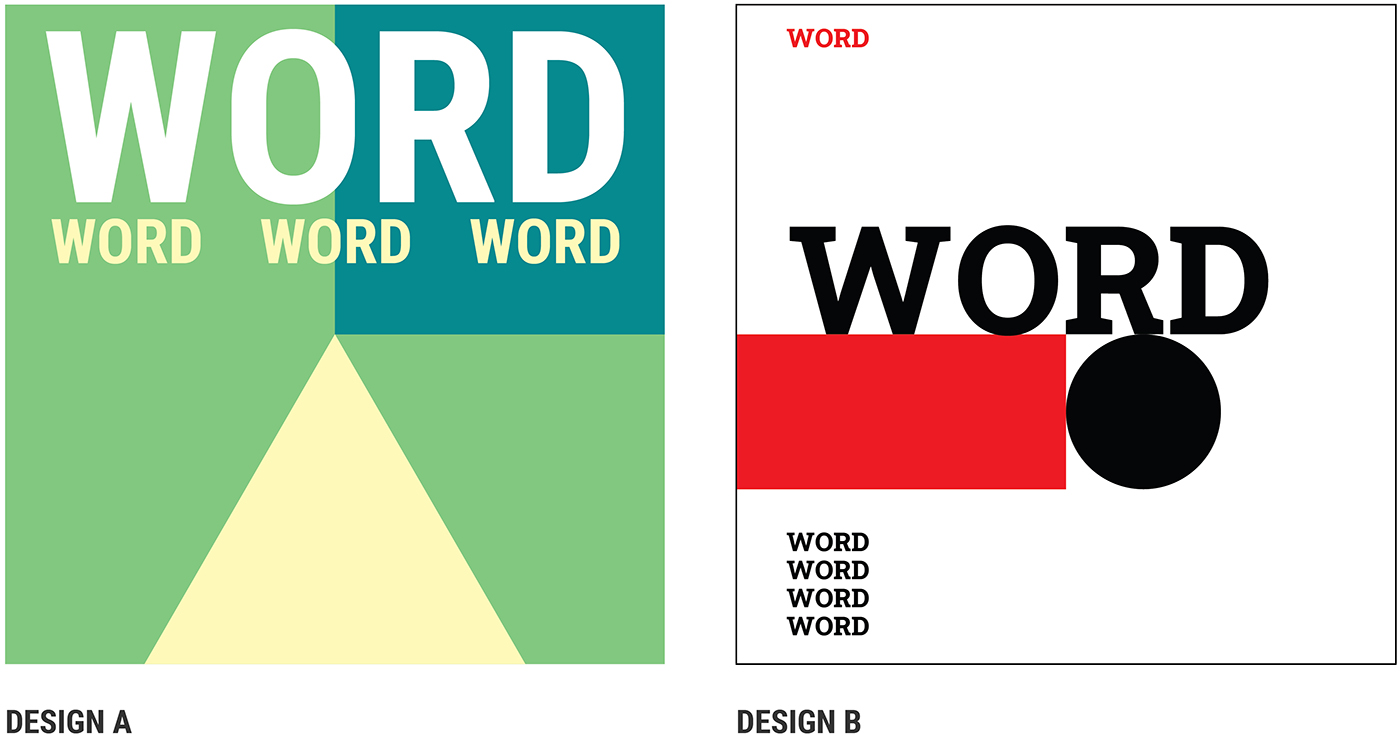 Two square graphic designs labeled Design A and Design B. Both feature the word WORD in various sizes and styles, with different color blocks and geometric shapes as backgrounds.
