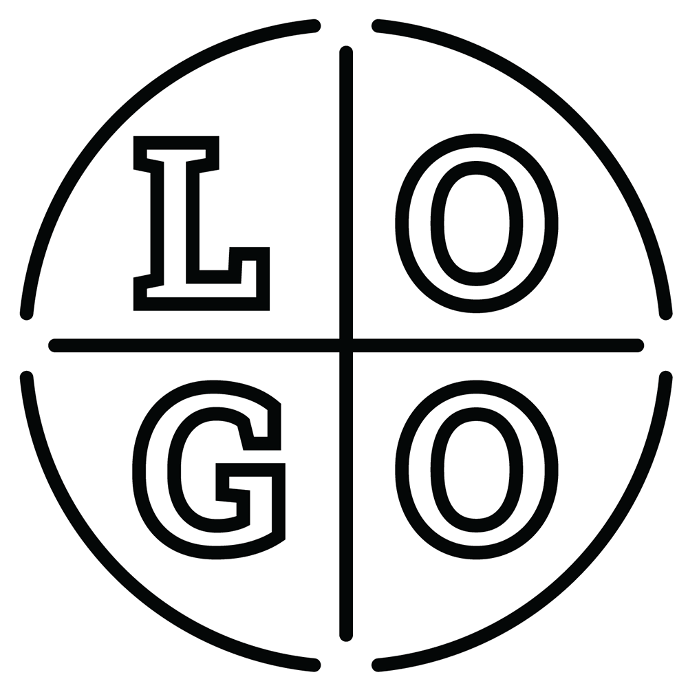 Black and white circular logo divided into four sections by a cross, with the letters L, O, G, and O in each quadrant. The word LOGO is spelled using bold, outlined letters.