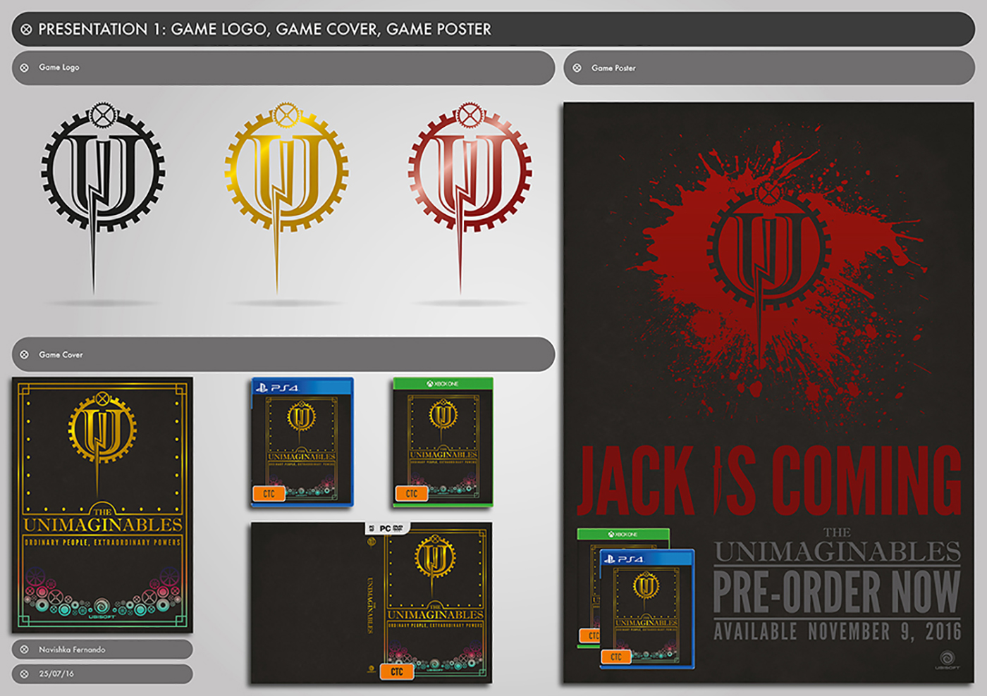 A design board displays a circular gear-themed logo in black, red, gold, and white, game cover mockups for PS4, Xbox, and PC, and a dark game poster reading Jack Is Coming with The Unimaginables available for pre-order.
