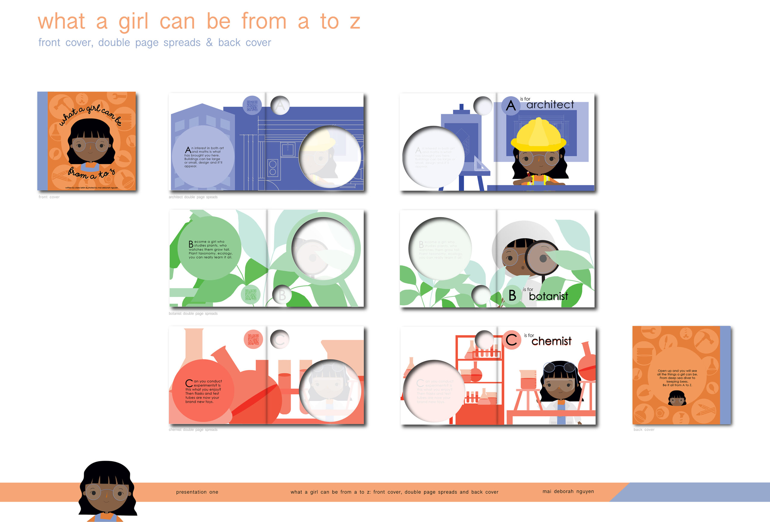 A childrens book layout titled what a girl can be from a to z shows pages for A, B, and C: A is for Architect (girl in hard hat), B is for Botanist (girl with plants), and C is for Chemist (girl in lab, beakers).
