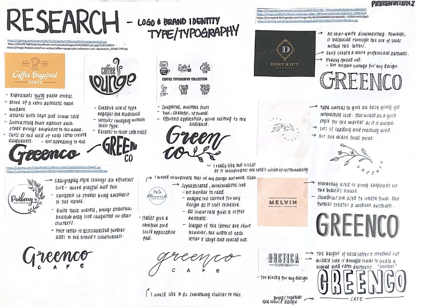 A mood board featuring handwritten notes, sketches, and logo samples for coffee shop branding. It showcases different fonts, logo concepts, and style inspirations, with Greenco Café as a recurring name.