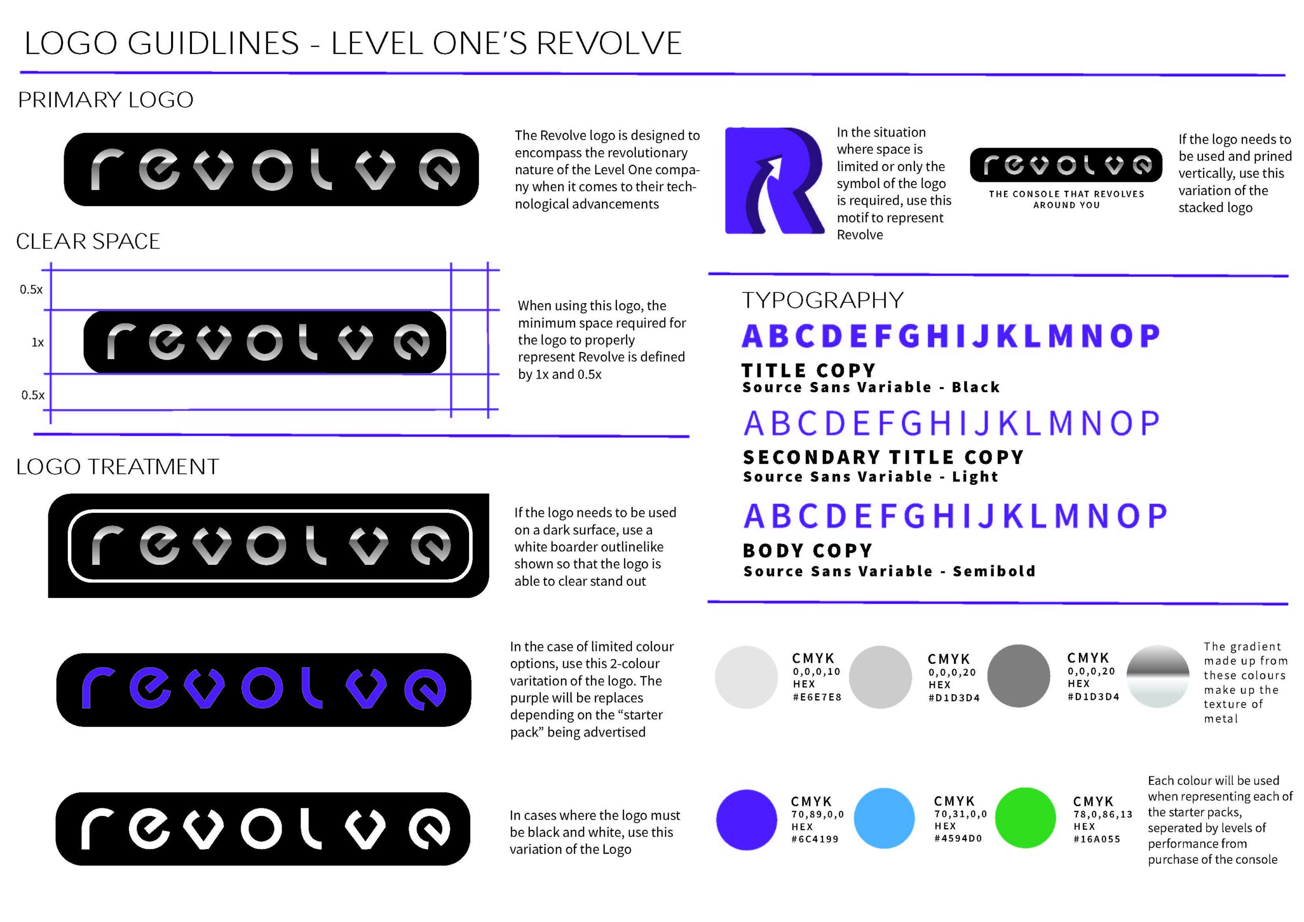 Logo guidelines for revolve with instructions on clear space, minimum size, logo treatment, approved colors, and typography styles, including visual samples and measurements on a white background.
