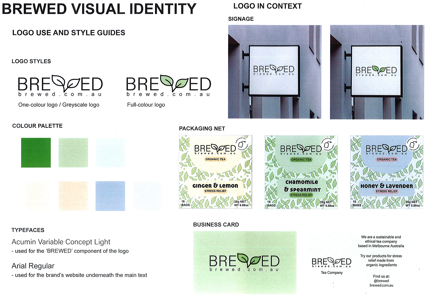 A visual identity guide for Brewed with logo variations, color palette, typefaces, packaging designs for different teas, and examples of signage and a business card. The guide emphasizes clear, nature-inspired branding.