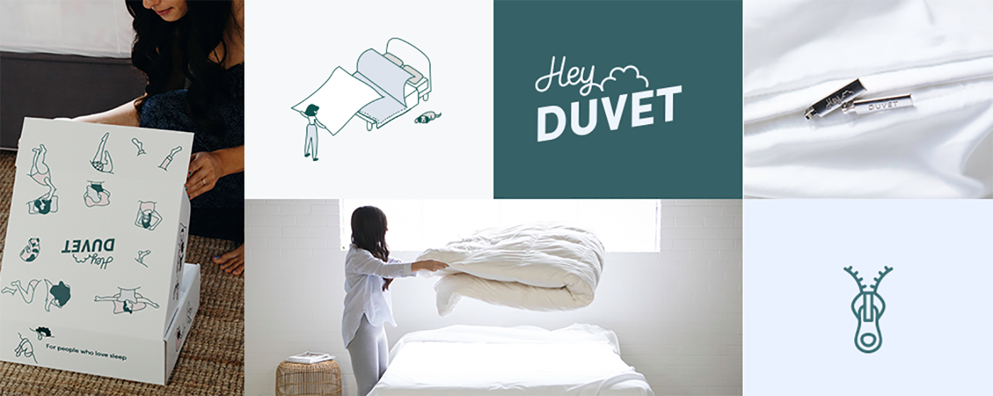 A collage showing a woman unpacking and fluffing a duvet, close-ups of a zipper, illustrated assembly instructions, and the text Hey DUVET with a cloud design.