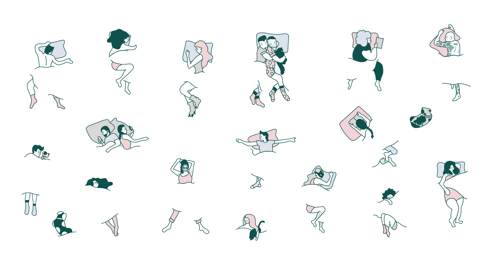 A collection of stylized illustrations showing various sleeping positions, featuring solo sleepers, pairs, and pets, on pillows and beds, against a black background.