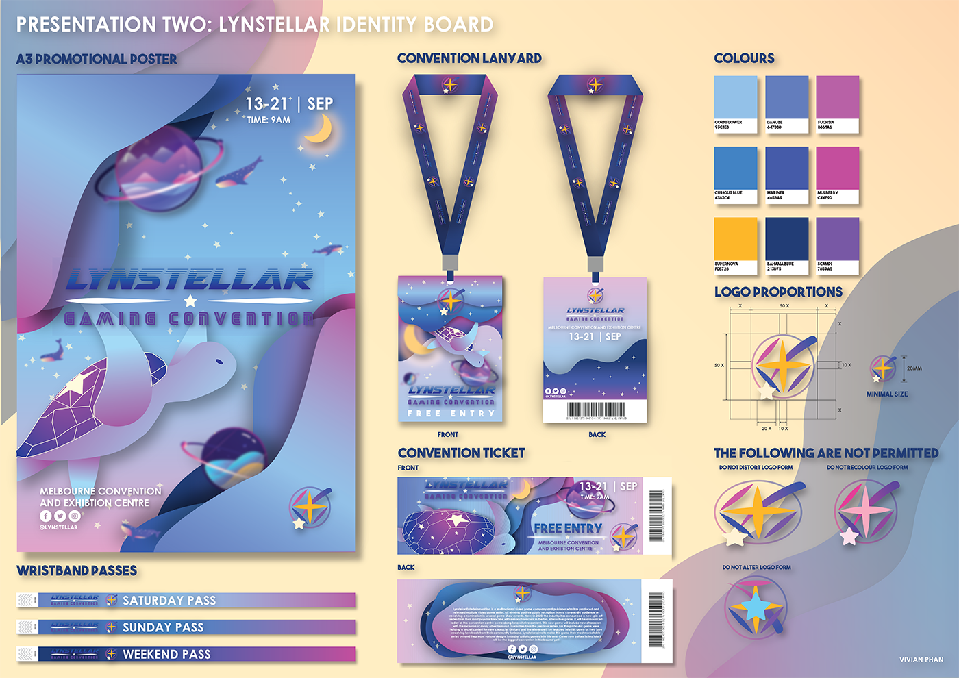 Lynstellar Gaming Convention identity board featuring poster, lanyard, pass, ticket, wristbands, color palette, logo variations, and usage guidelines with a pastel space theme and illustrated turtle astronaut.