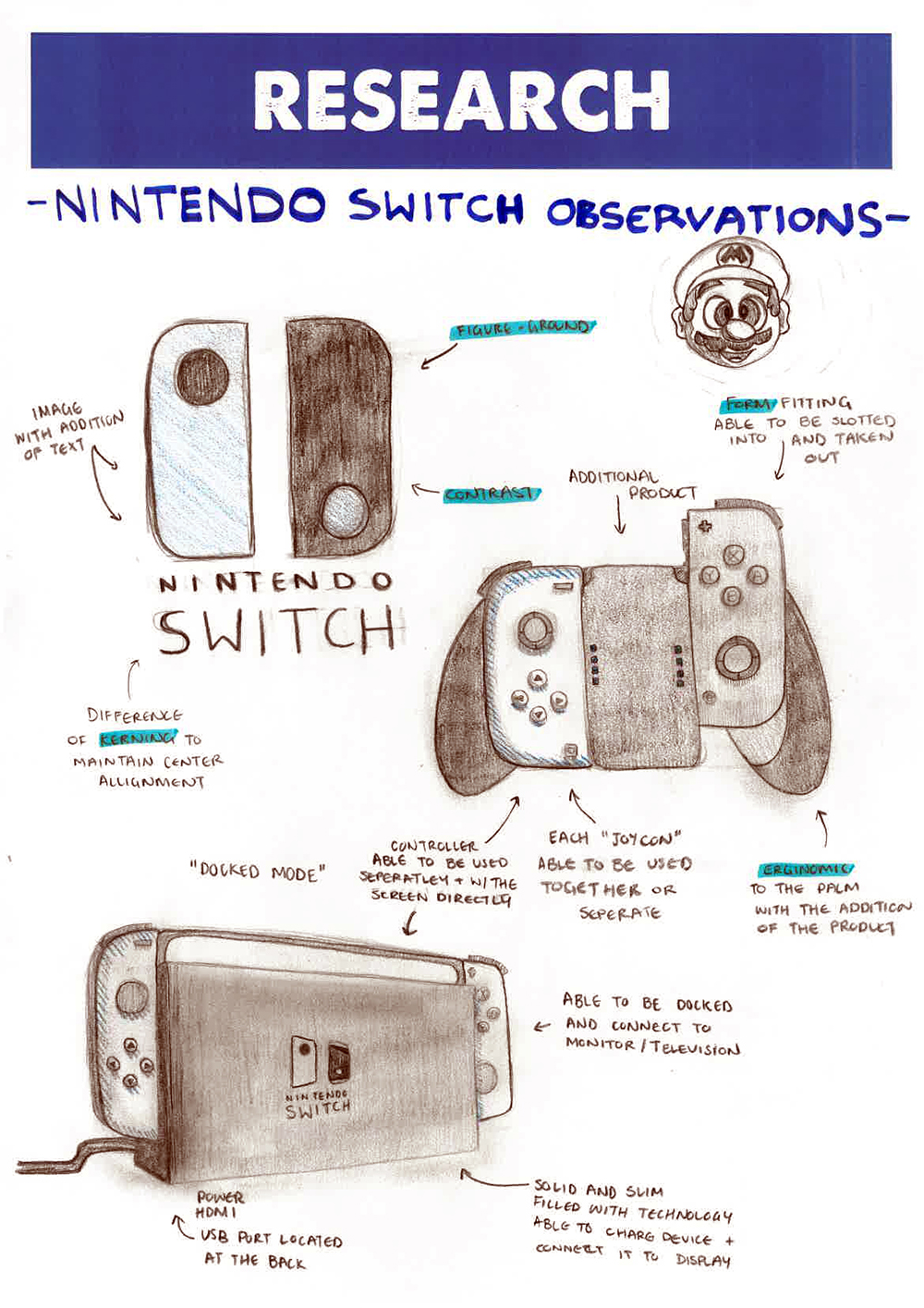 A hand-drawn research sheet of the Nintendo Switch shows annotated sketches highlighting features like detachable Joy-Cons, USB port, “docked mode,” and the ease of switching between handheld and TV modes.