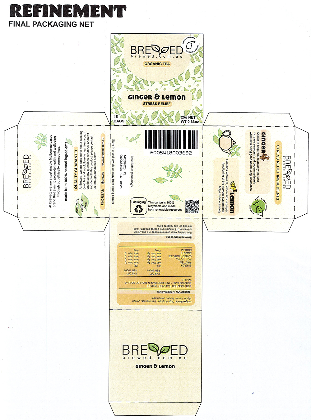 Flat packaging design for Brewed Organic Tea, Ginger & Lemon Stress Relief flavor, featuring green leaves and yellow accents, nutritional info, brewing instructions, and a barcode on a cream background.