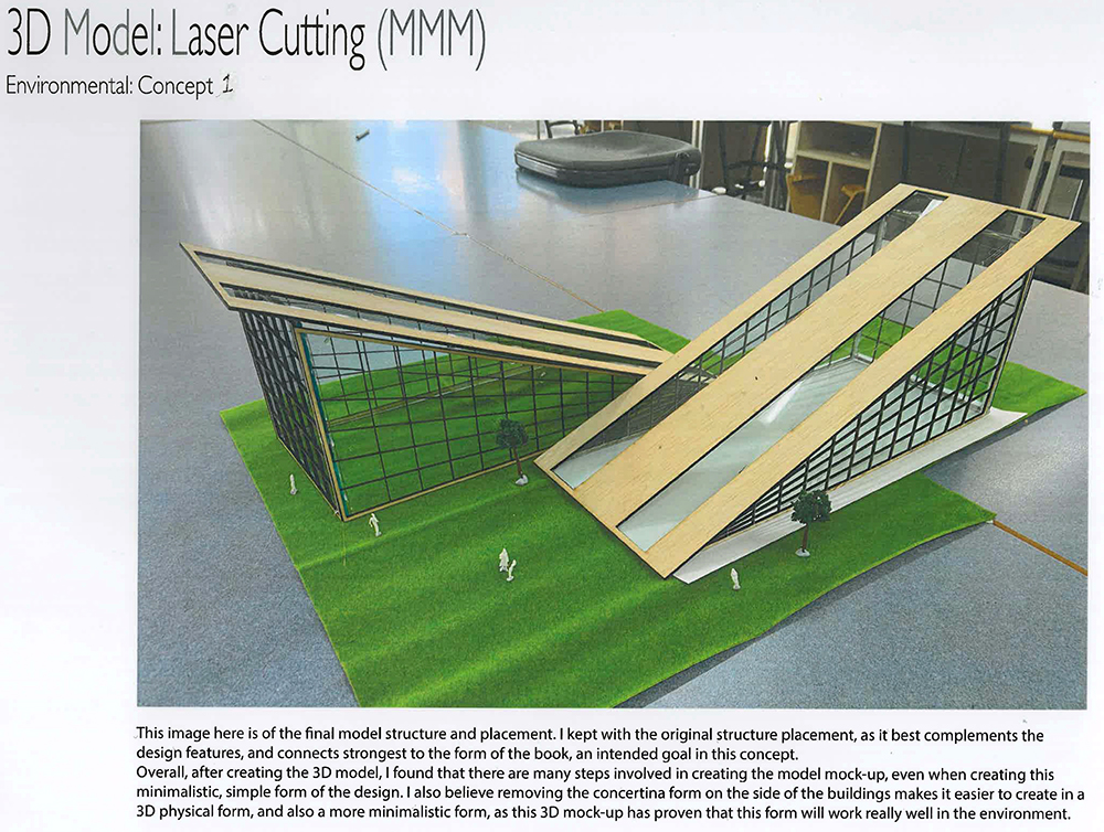 A scale model of a modern building with two sloped, intersecting roofs, glass walls, and grass-covered surroundings, displayed on a green base with small human figures for scale.