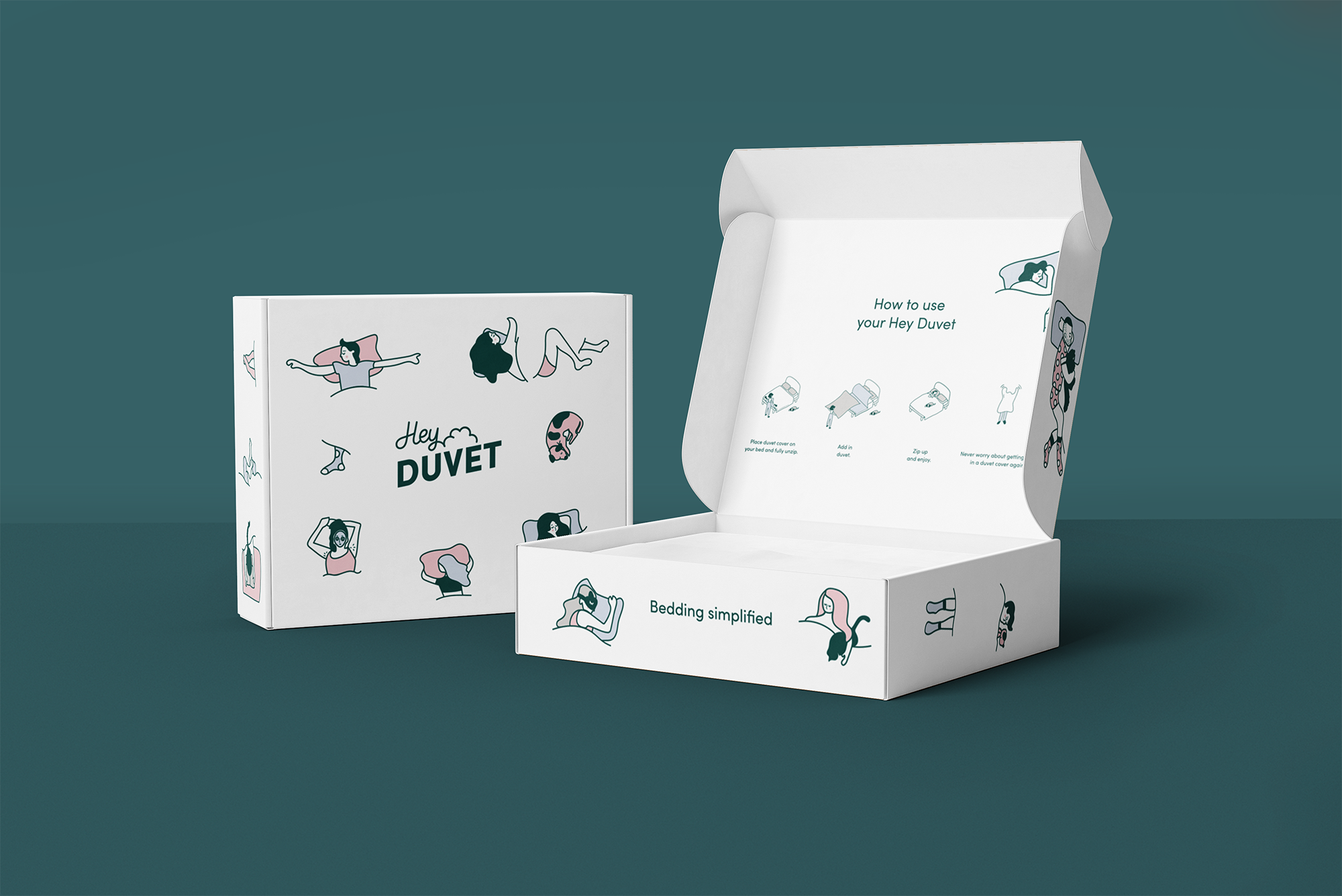 A stylish white bedding box with illustrated figures and Hey DUVET branding. The open lid shows step-by-step instructions and simple drawings for using the duvet. The background is teal.