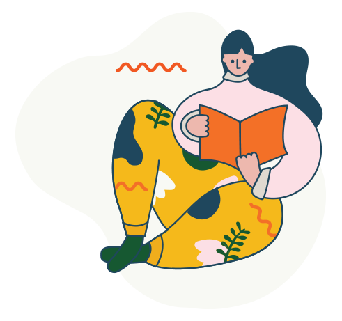 Illustration of a person with long dark hair, sitting and reading an orange book. They wear a light top and colorful, patterned yellow pants with leaves and abstract shapes.