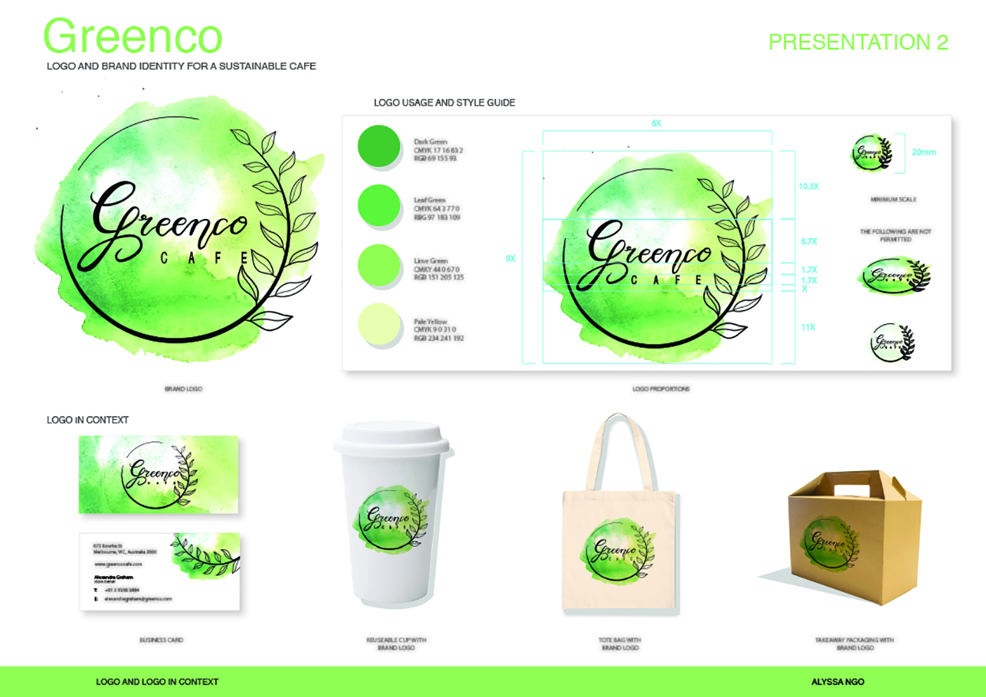 Branding presentation for Greenco Café showing a green watercolor logo with a leaf, color palette, style guide, and examples on a coffee cup, tote bag, and takeout box.