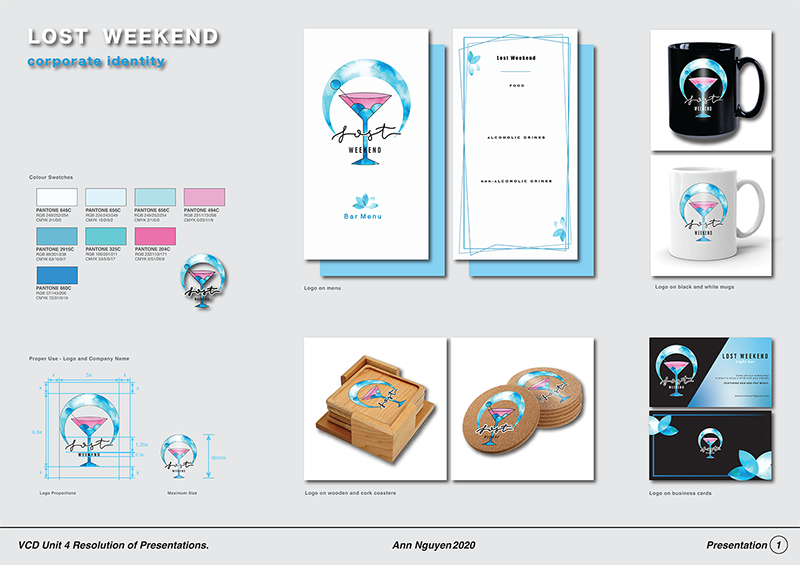Presentation board showcasing the Lost Weekend corporate identity, featuring a pastel blue and pink logo on menus, mugs, coasters, business cards, and logo specifications with a color palette.