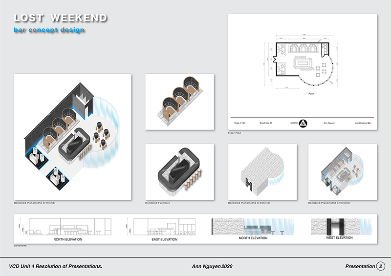 A presentation board showing bar concept designs, including floor plans, 3D renderings, and elevation drawings. The title reads Lost Weekend bar concept design with various architectural diagrams and sketches.