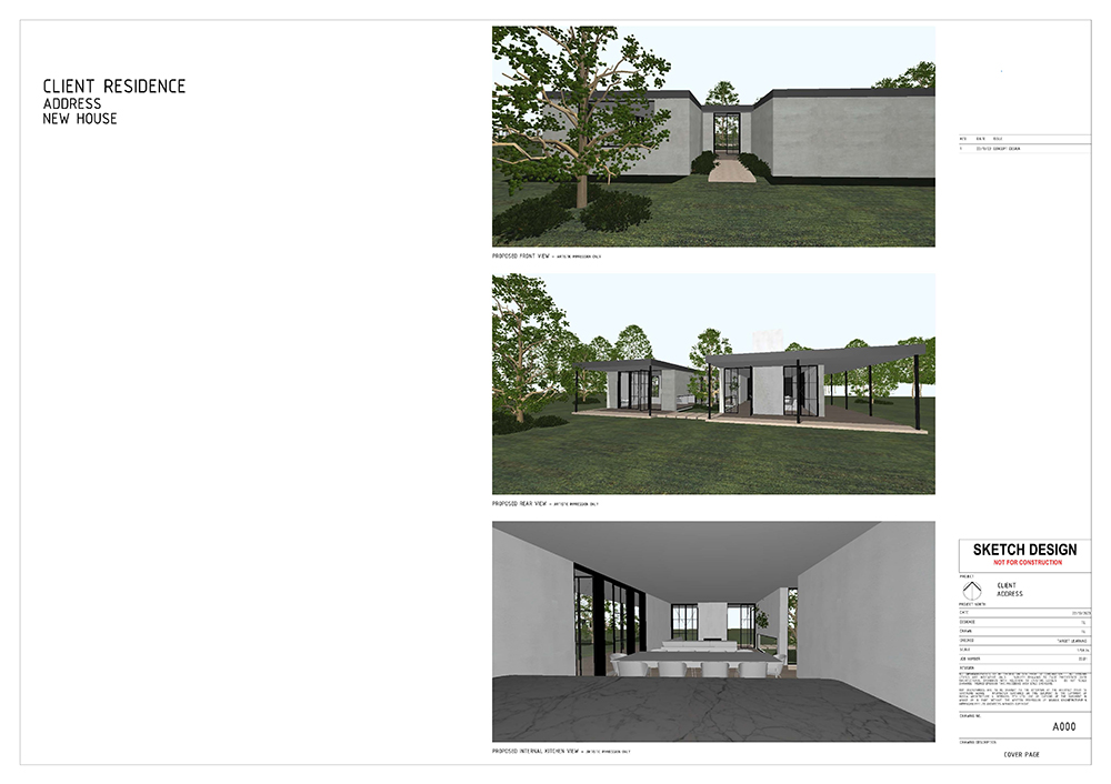 Architectural design board showing three renderings of a modern house: front exterior, rear exterior, and interior living/dining area, with project and client info on the left and a “Sketch Design” label in the bottom right corner.