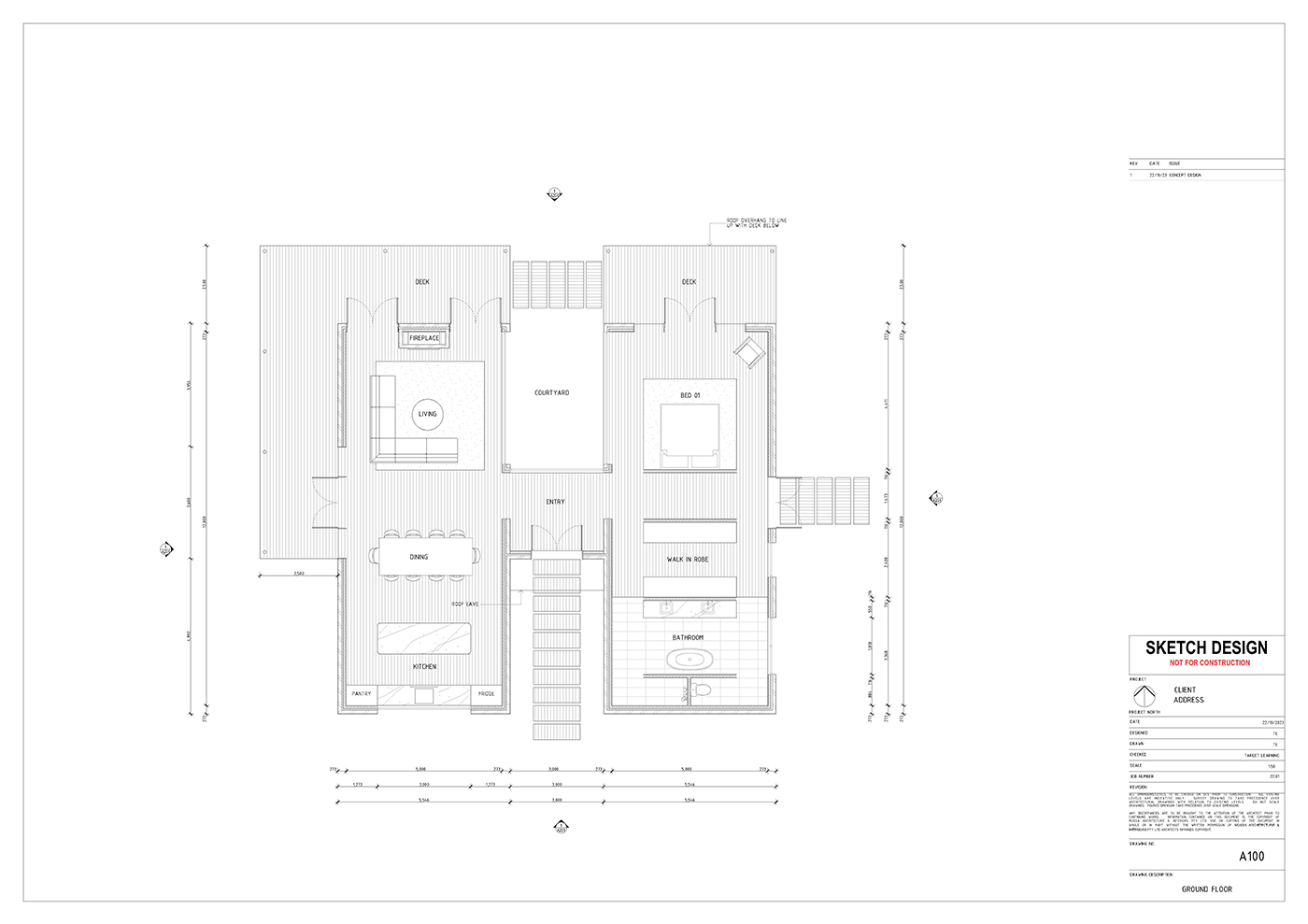 Floor plan sketch design showing a layout with a kitchen, dining area, living room, two bedrooms, two bathrooms, and a porch. Room labels, measurements, and architectural details are clearly marked.