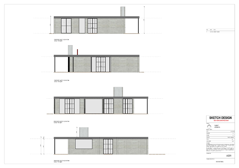 Architectural elevation drawing showing four exterior views of a modern, single-story building with large windows, flat roof, and concrete walls. Title block on the bottom right reads Sketch Design with project details.