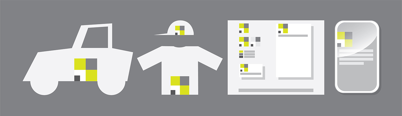 Flat illustration showing a car, a hat, a T-shirt, stationery, and a smartphone, each featuring a square logo in white, gray, and yellow, all on a gray background.
