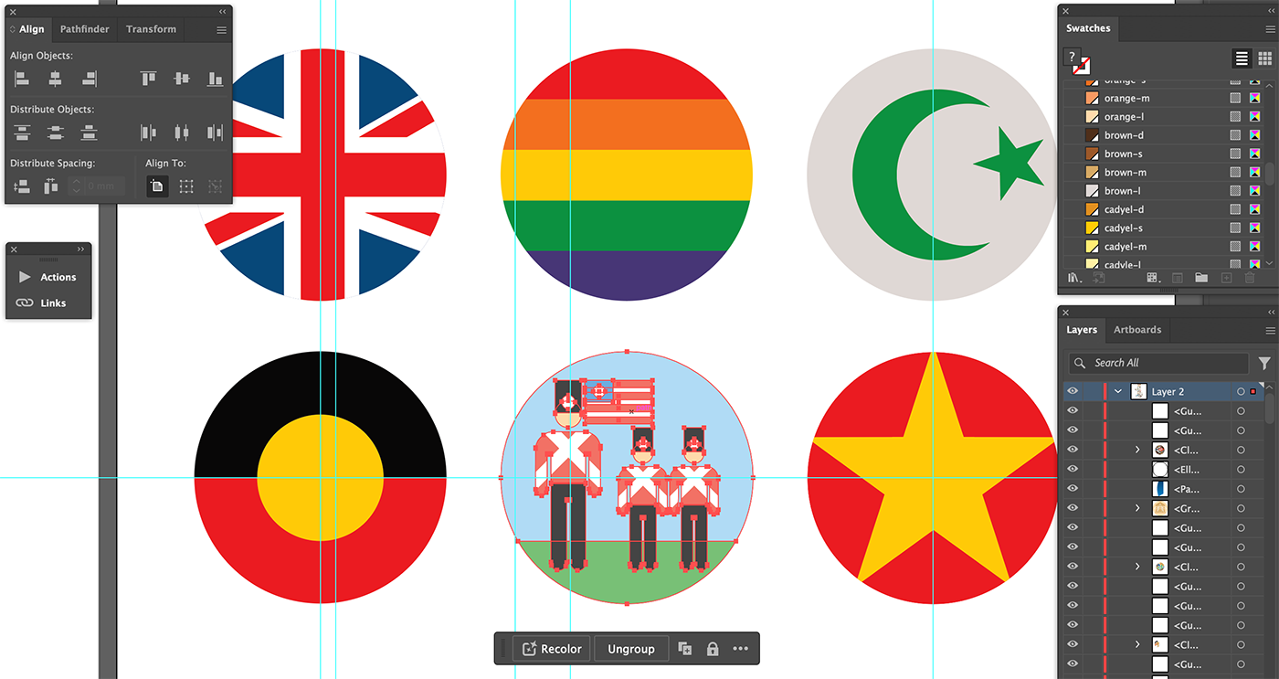 A digital illustration workspace showing six circular flag designs: UK, rainbow pride, crescent with star, Indigenous Australian, Vietnam, and one with two royal guards holding a UK flag. Editing panels and guides are visible.