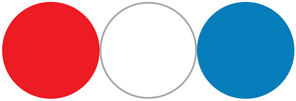 Three circles side by side: a solid red circle on the left, a white circle with a gray outline in the center, and a solid blue circle on the right.
