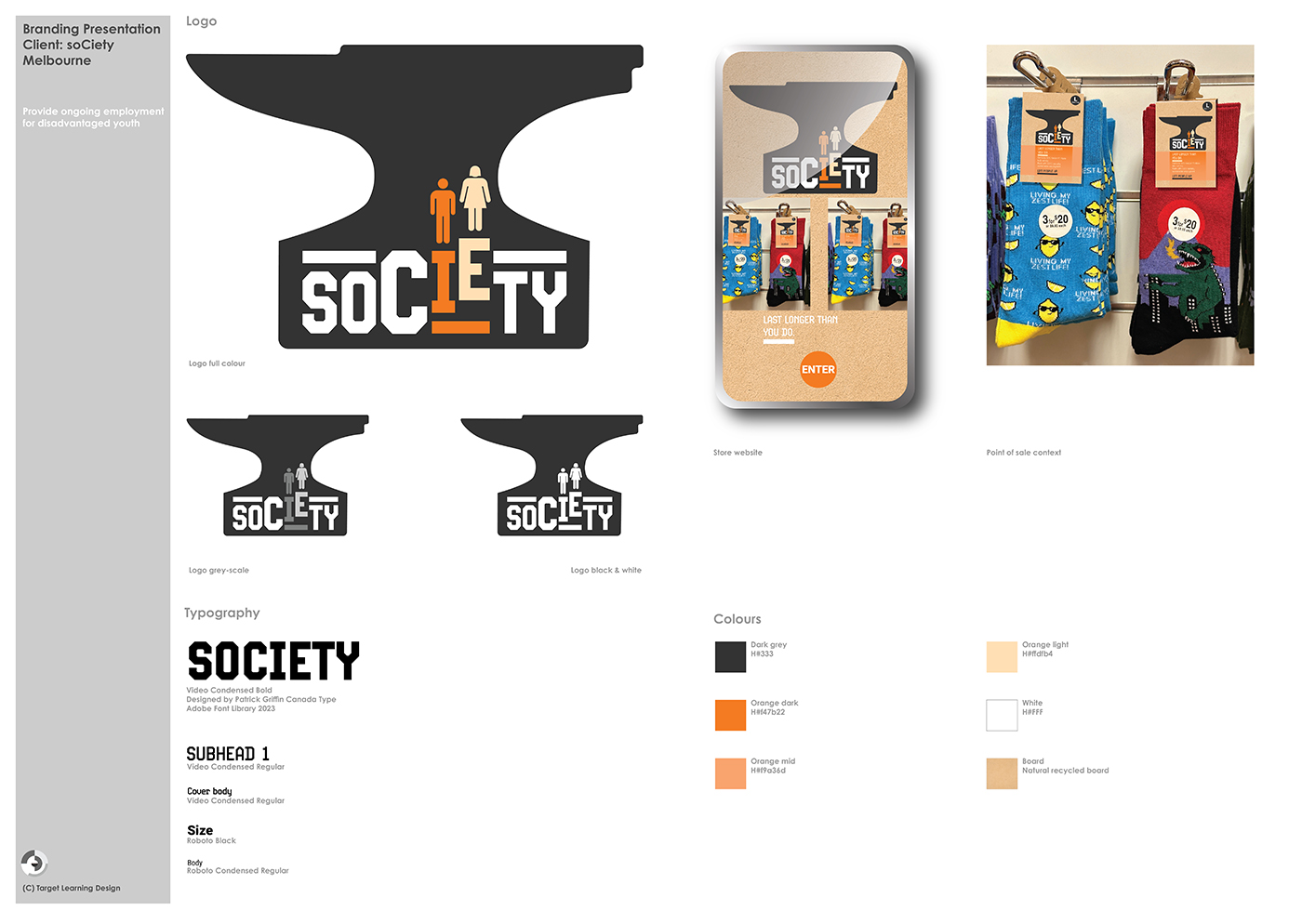 Branding presentation featuring a black anvil-shaped logo reading SOCIETY with stylized icons. Also shown are mockups on a mobile screen, tags on colorful socks, typography guide, and a color palette.