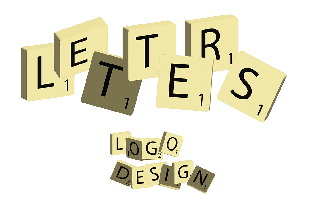 Scrabble-like tiles spell out “LETTERS” at the top, with the words “LOGO DESIGN” arranged in scattered tiles below. The tiles are beige with black letters and point values.