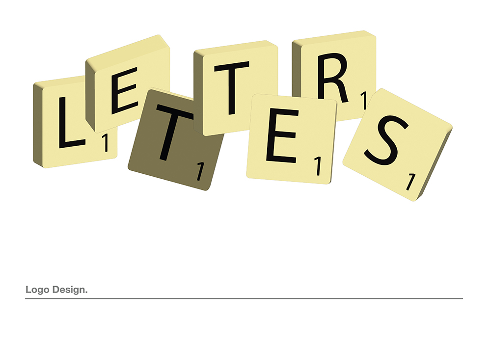 Scrabble-style letter tiles spell out the word “LETTERS.” The tiles are beige with black letters and a point value of 1. Below, small text reads “Logo Design.” on a white background.