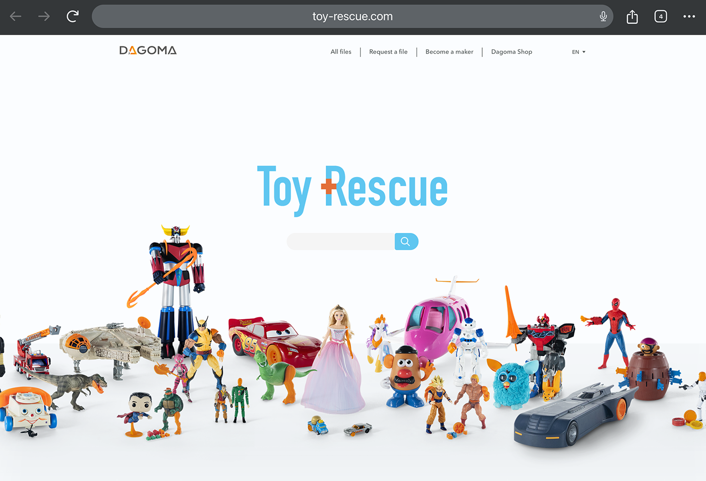 A colorful assortment of popular childrens toys, action figures, and vehicles is arranged on a white background beneath the Toy Rescue website header and search bar.