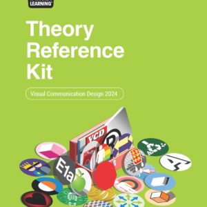A vibrant green cover for the VCE VCD Theory Reference Kit (pack 15 booklets), with colorful graphic design icons, a VCD book, the Target Learning logo at the top, and space to add name and class details.
