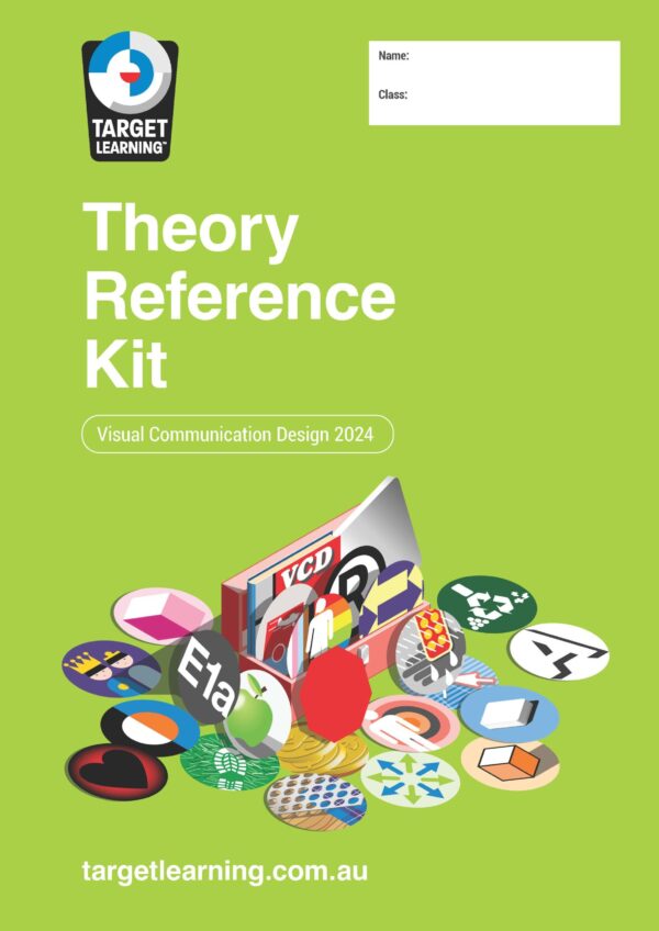 A vibrant green cover for the VCE VCD Theory Reference Kit (pack 15 booklets), with colorful graphic design icons, a VCD book, the Target Learning logo at the top, and space to add name and class details.