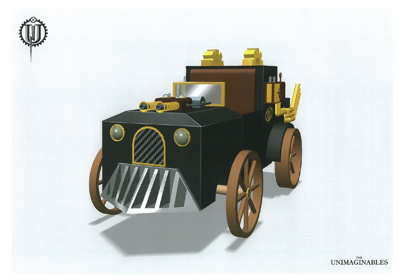 A stylized, steampunk-inspired vehicle with large wooden wheels, yellow gears, headlights, and a metallic grill on the front. The vehicle has a black body with decorative details and a logo in the top left corner.