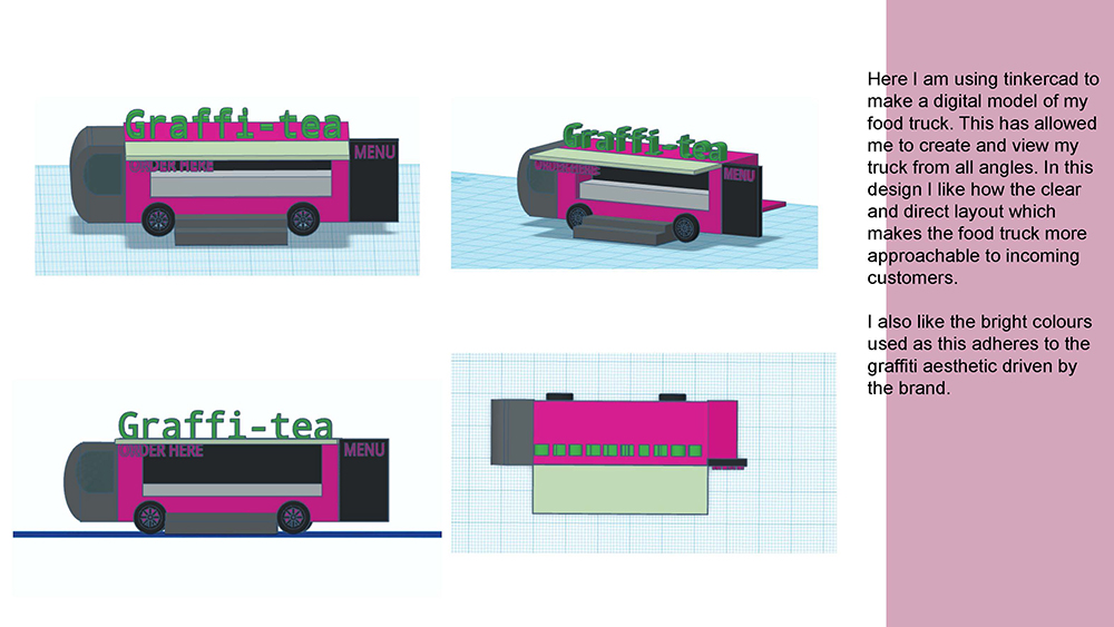 A digital 3D model of a food truck named Graffi-tea is shown from four angles. The truck is pink with green details, a large MENU sign, and clear branding. Text on the right explains the design choices.