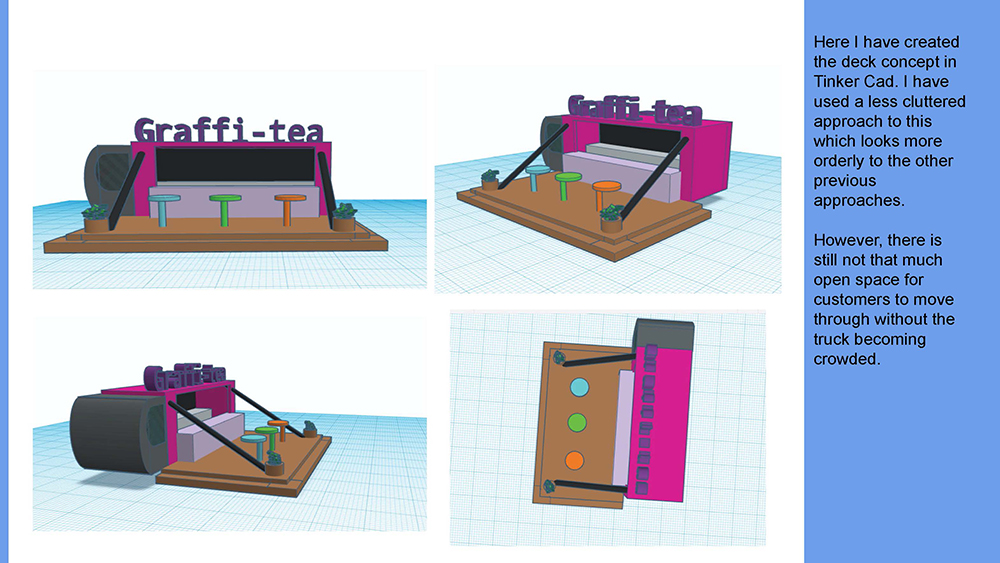 A 3D model of a food truck named Graffi-tea features a black counter, stools, and large pink sign. The truck has a less cluttered, organized design with colorful seats and brown deck, shown from four different angles.