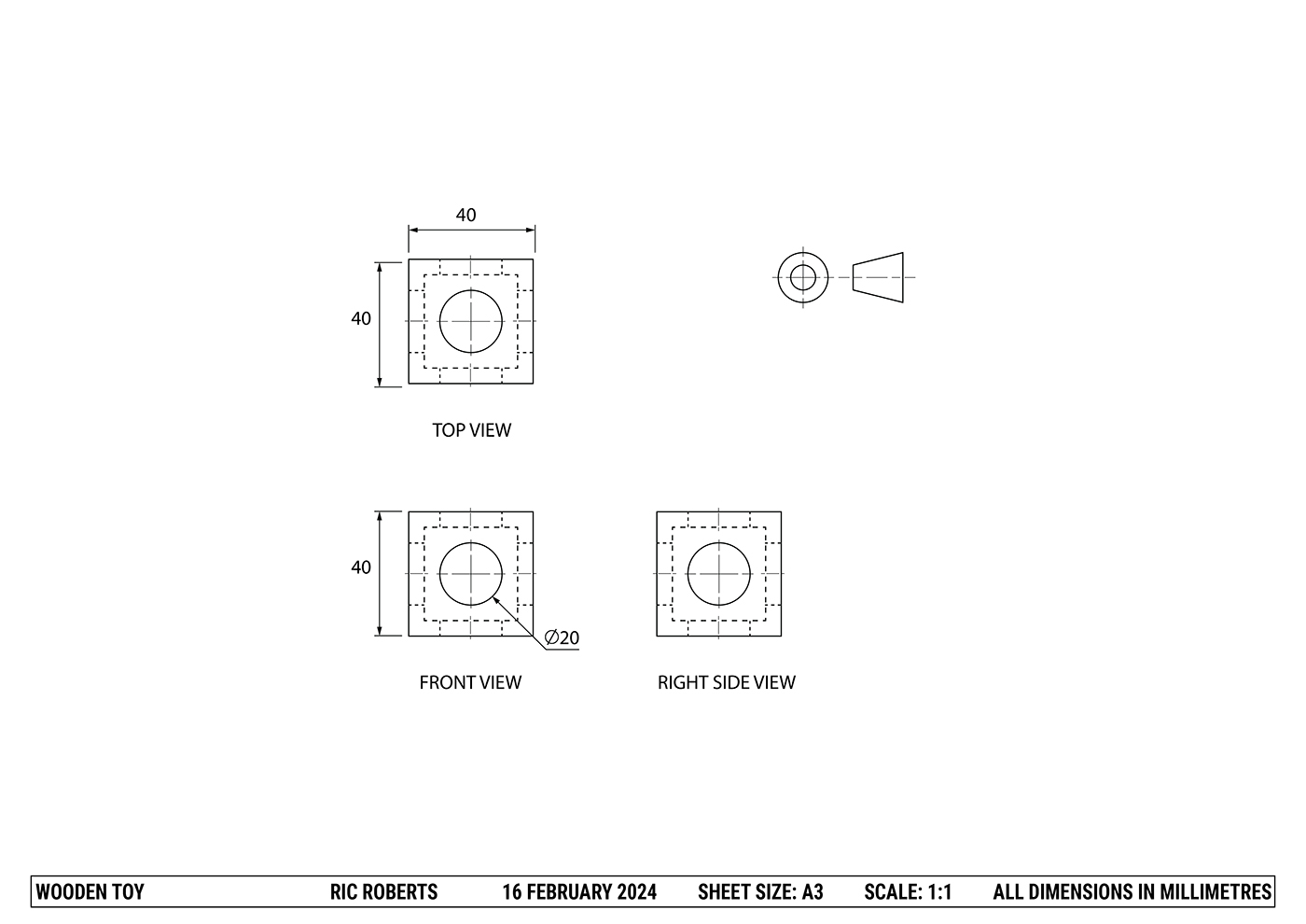 Technical drawing of a wooden toy showing top, front, and right side views. Dimensions are labeled, with a square body (40 mm sides), a central hole (20 mm diameter), and a circular side profile. All measurements in millimetres.