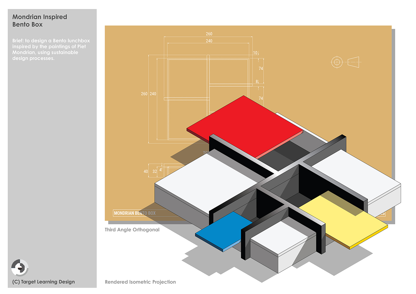 Mondrian-inspired bento box design features rectangular compartments in red, yellow, blue, white, and black, overlaid on technical drawings and isometric projections, with a brief description on the left side.