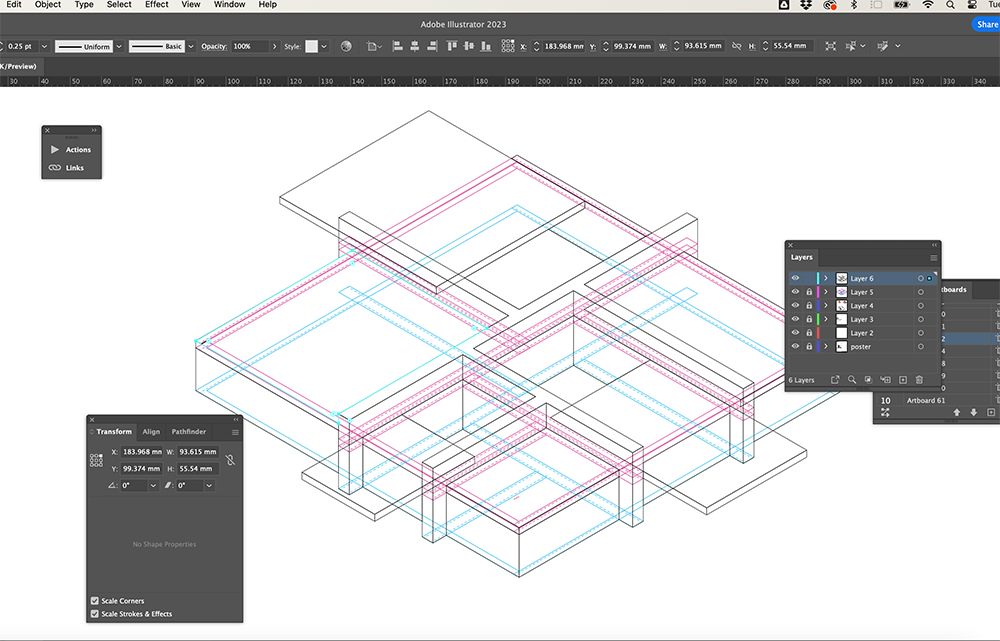 A screenshot of Adobe Illustrator shows a 3D architectural wireframe drawing with intersecting blue and pink lines. Panels for Layers, Actions, and Transform are open alongside the drawing workspace.