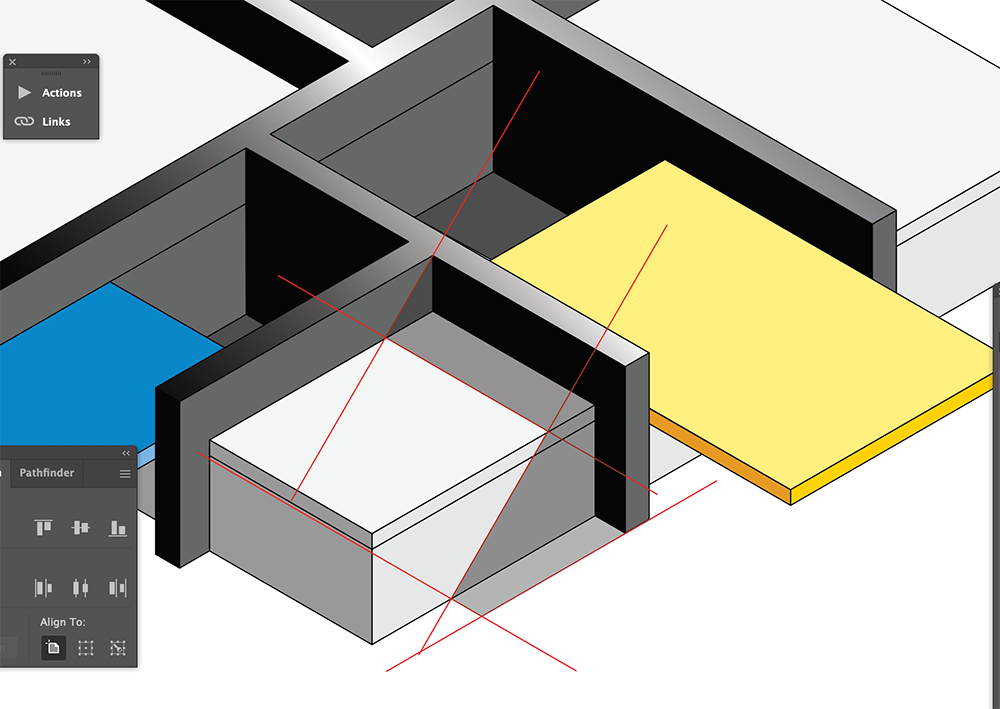 A digital illustration of overlapping rectangular shapes in black, white, blue, and yellow, with intersecting red guide lines and graphic editing tool panels visible on the left side.