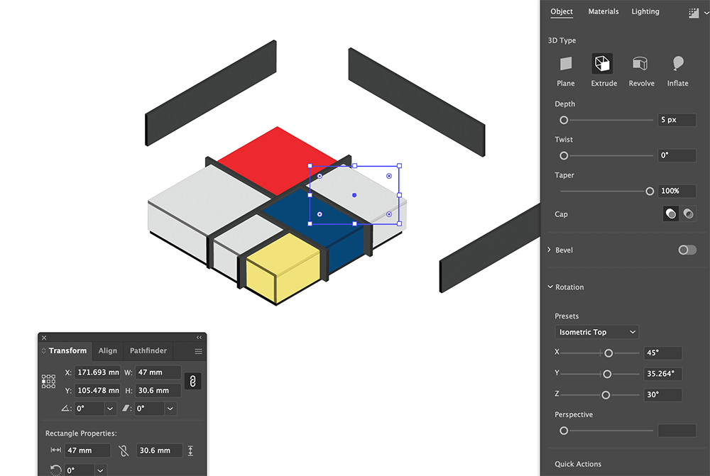 A 3D isometric illustration in a graphic design program, showing colored blocks arranged in a grid. Design settings and transformation panels are open on the sides, displaying object properties and 3D options.