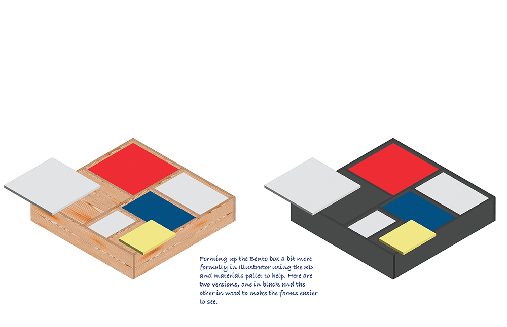 Two 3D box models with geometric compartments hold colorful red, yellow, blue, white, and gray squares. One box has a wood texture; the other is black. Handwritten text explains the design process below the boxes.
