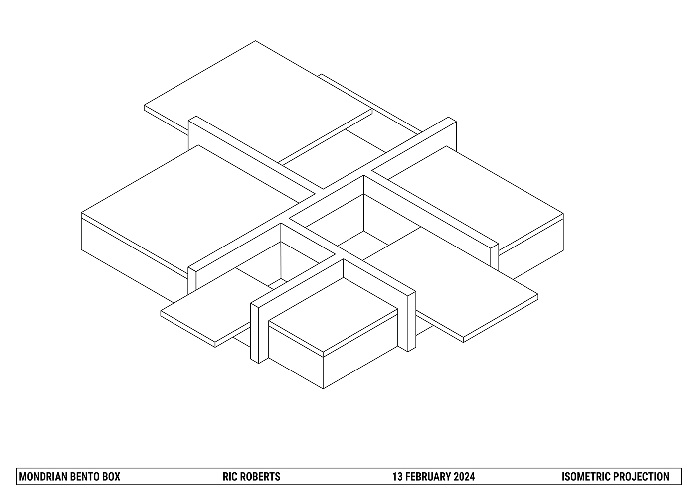 A black-and-white isometric line drawing of a geometric, multi-compartment bento box with rectangular sections, labeled Mondrian Bento Box at the bottom.